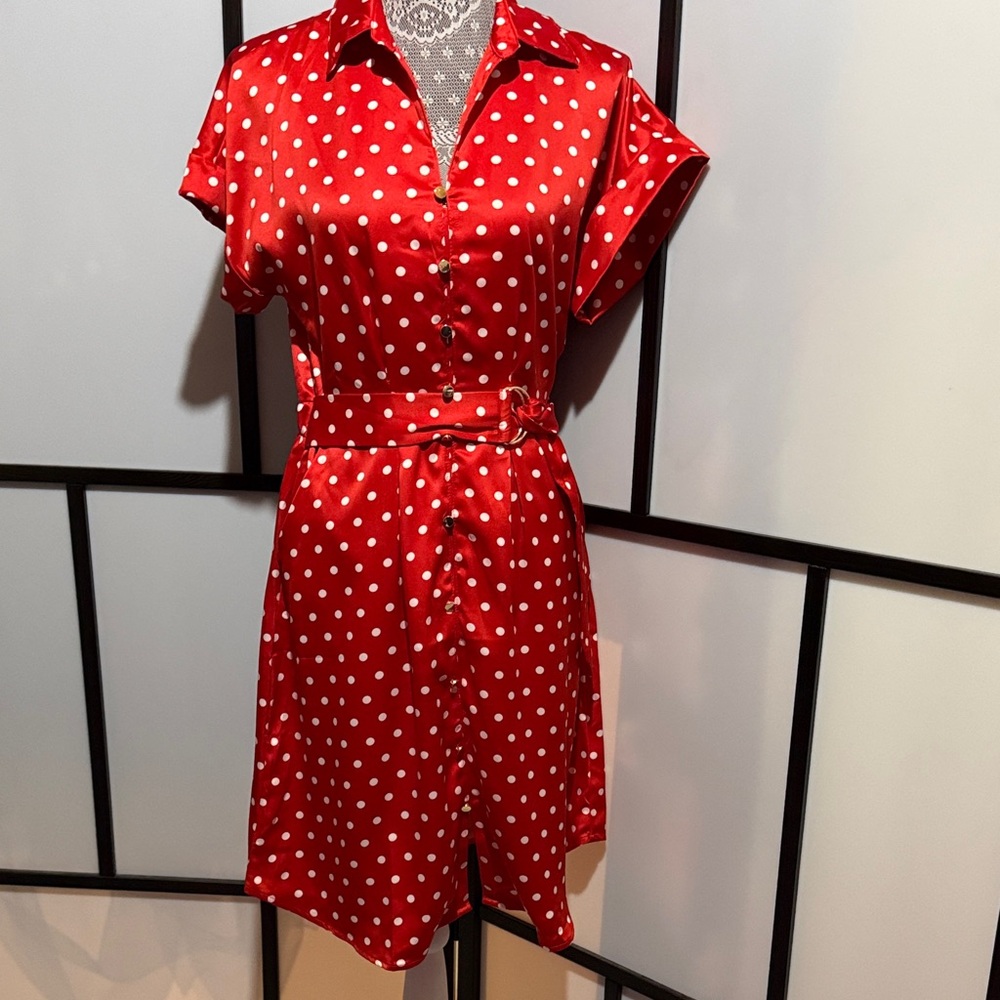 French Connection Red and White Polka Dot Satin Midi Dress